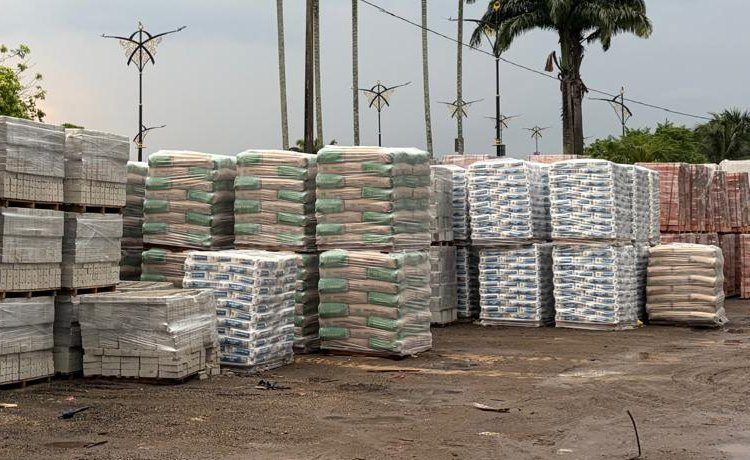Pallets of bagged cement and plaster held at the Sze Leong yard